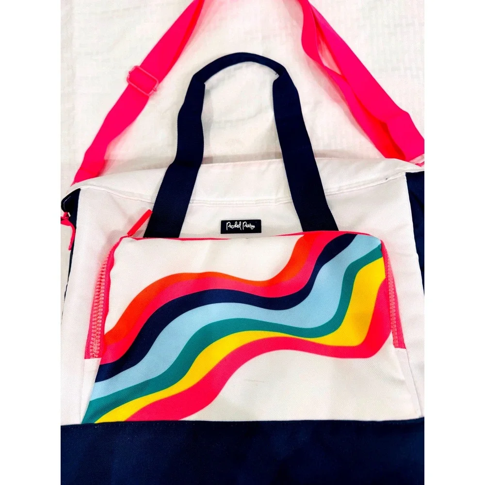 Packed Party Rainbow Tote Bag Duffel Weekender Pink Navy Shoulder Strap Preppy